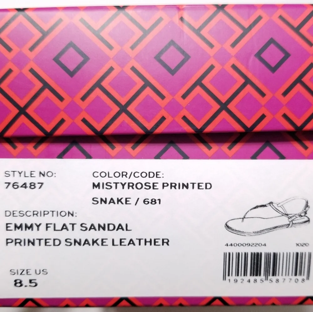 NIB Tory Burch Emmy Snake Printed‎ Leather T-Strap Flat Sandal in Misty Rose
